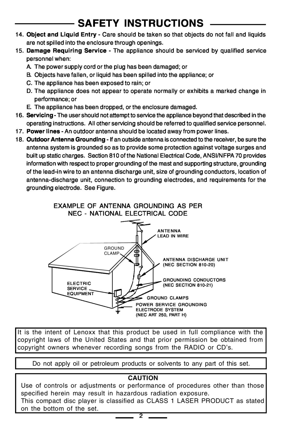 Lenoxx Electronics CD-102 operating instructions Safety Instructions, Example Of Antenna Grounding As Per 