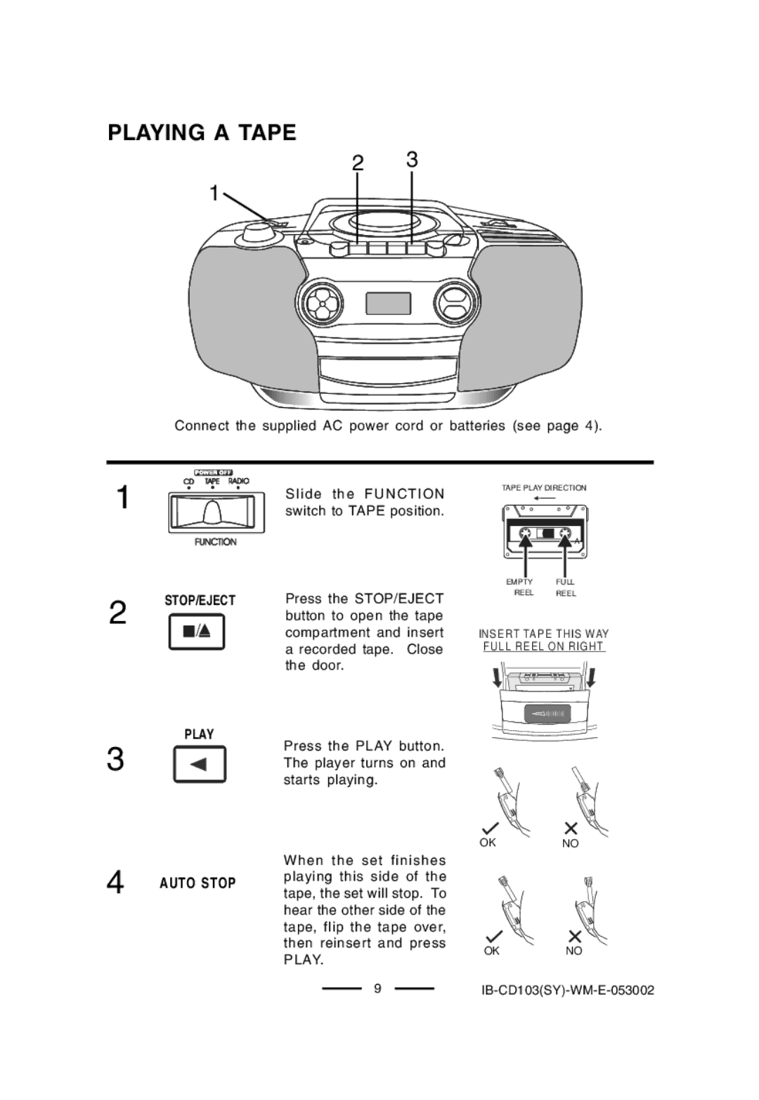 Lenoxx Electronics CD-103, BP-103 operating instructions Playing a Tape, Auto Stop, STOP/EJECT Play 