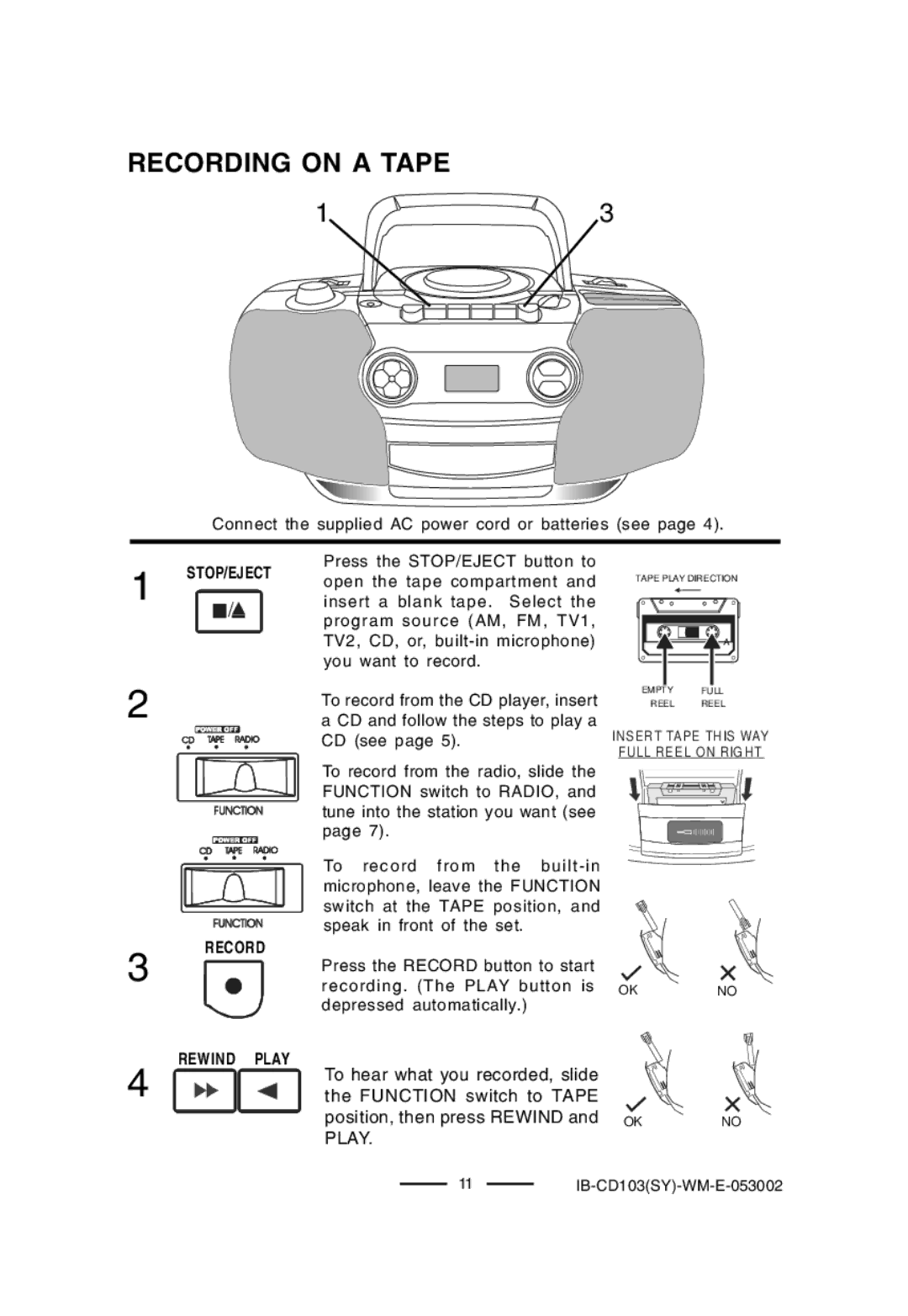 Lenoxx Electronics CD-103, BP-103 operating instructions Recording on a Tape, Stop/Eject, Record Rewind Play 