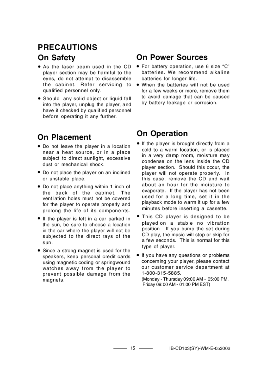 Lenoxx Electronics CD-103, BP-103 Precautions, On Safety, On Power Sources, On Placement, On Operation 