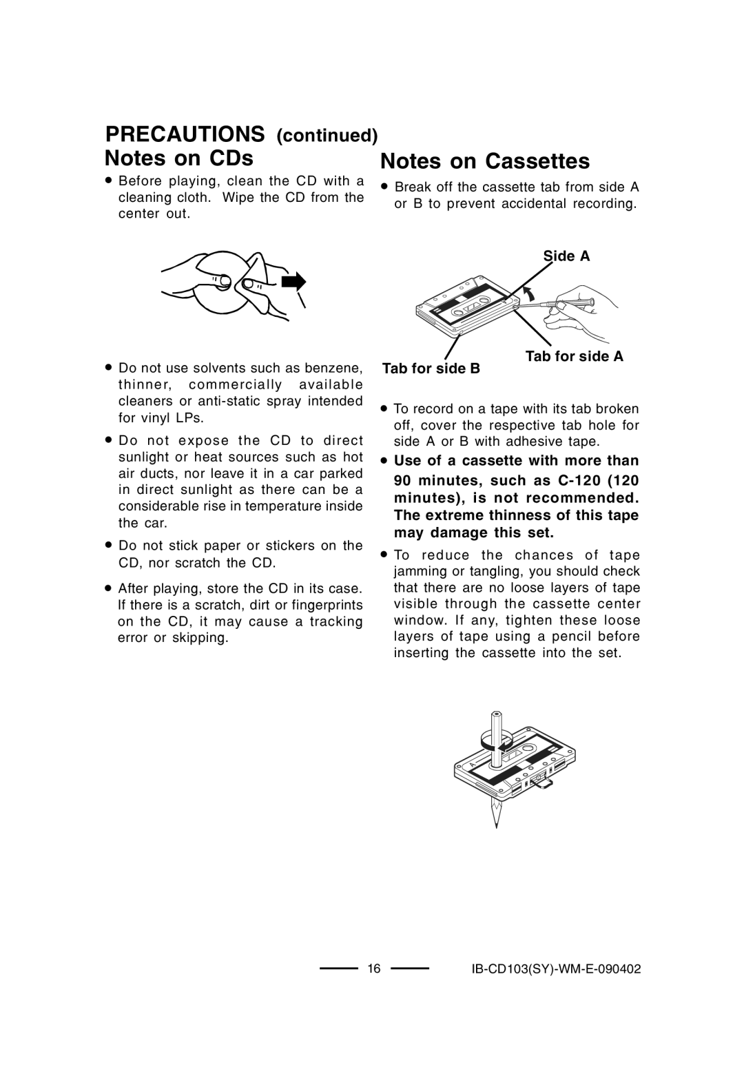 Lenoxx Electronics BP-103, CD-103 operating instructions Precautions Notes on CDs, Tab for side B Side a Tab for side a 