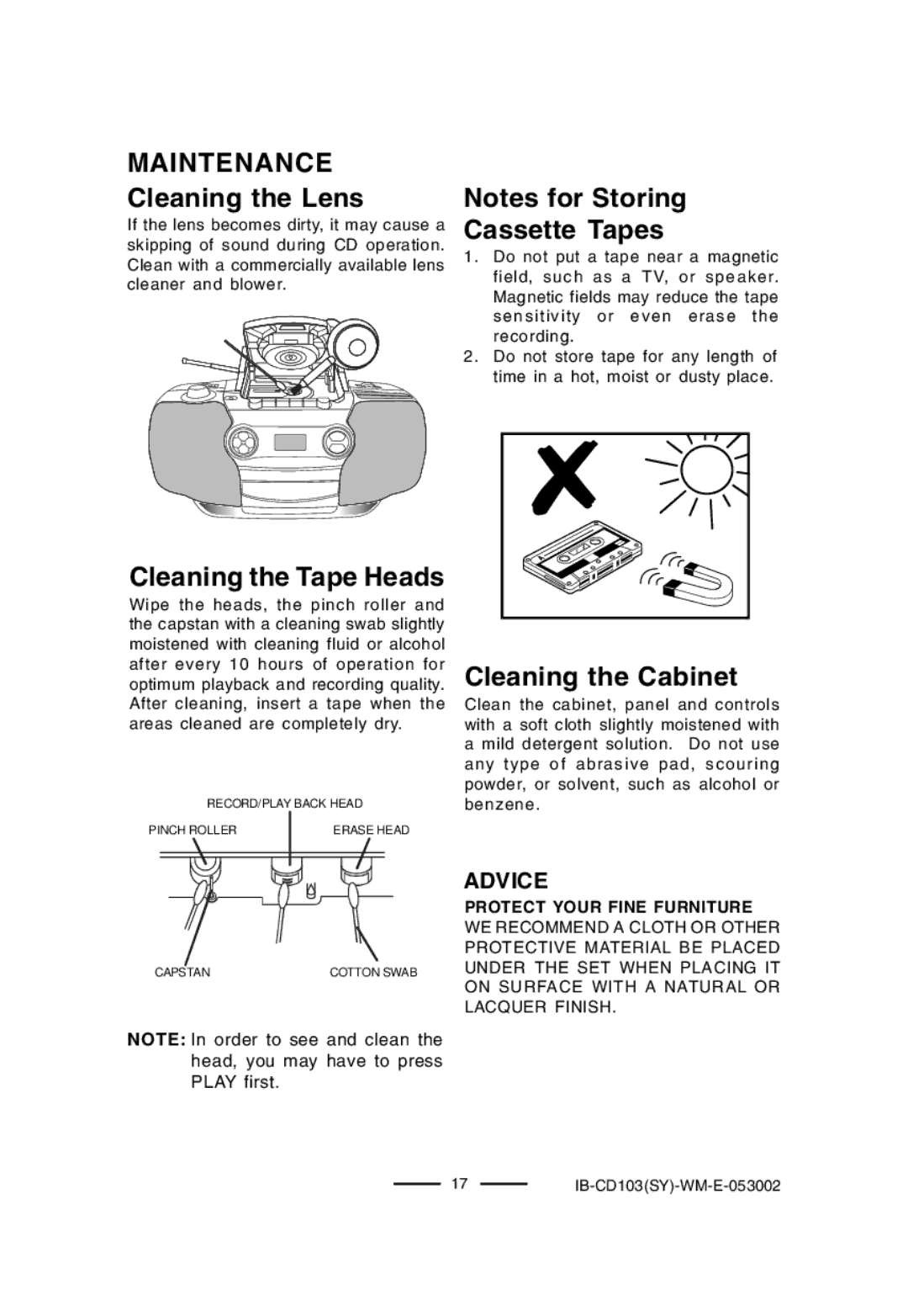 Lenoxx Electronics CD-103 Maintenance, Cleaning the Lens, Cleaning the Tape Heads, Cassette Tapes, Cleaning the Cabinet 