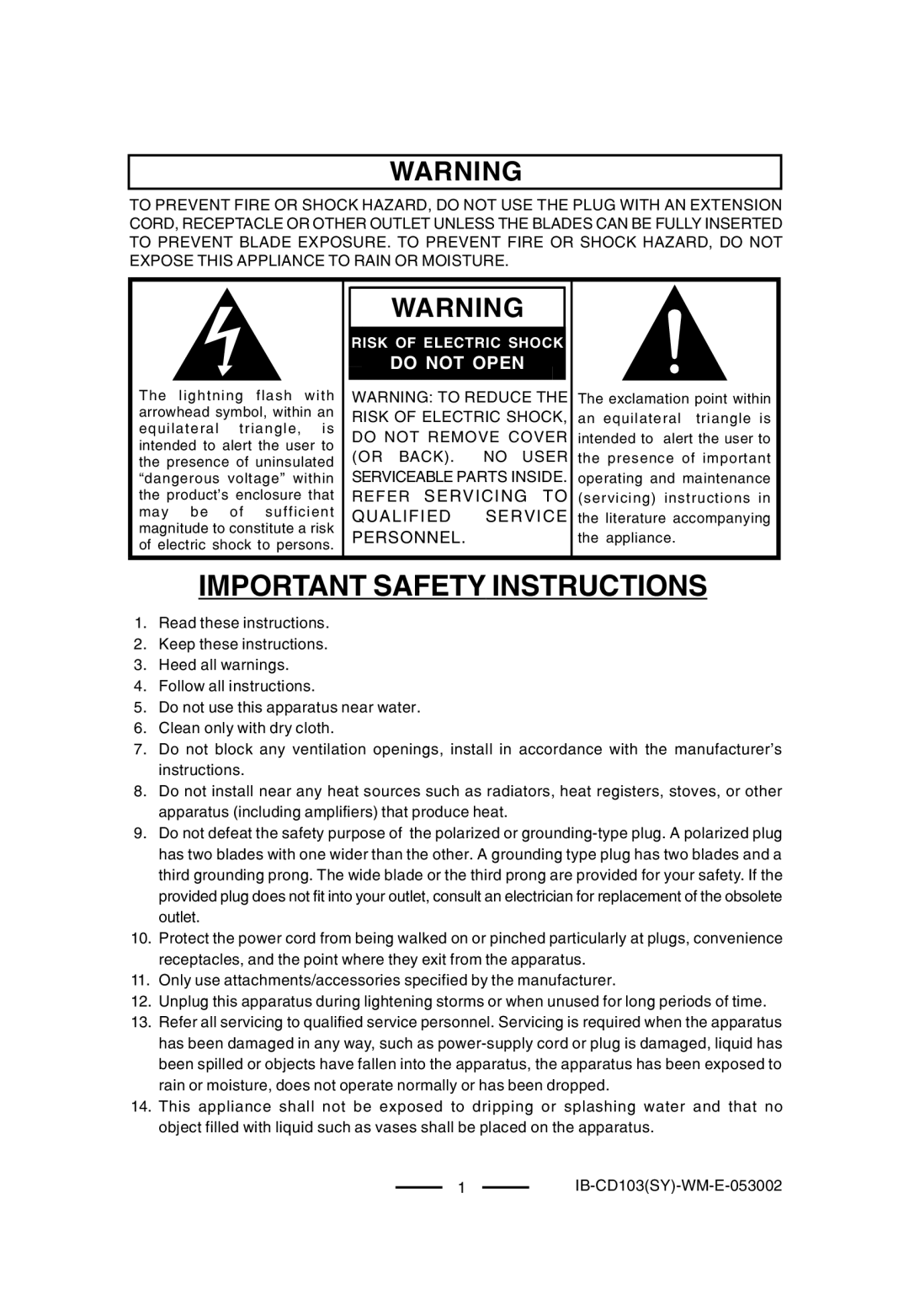 Lenoxx Electronics CD-103, BP-103 operating instructions Do not Open, Refer Servicing to Qualified Service Personnel 