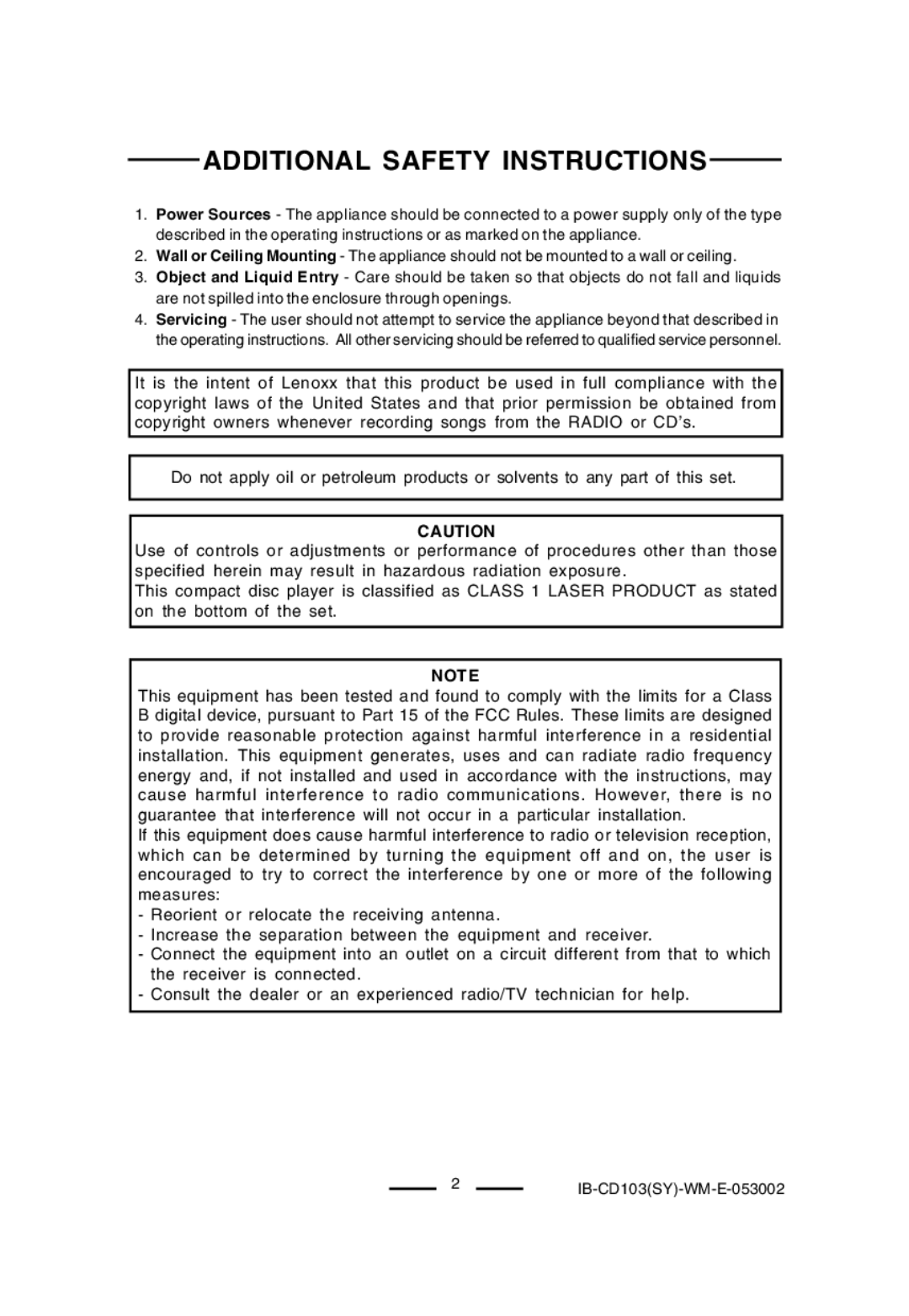 Lenoxx Electronics BP-103, CD-103 operating instructions Additional Safety Instructions 