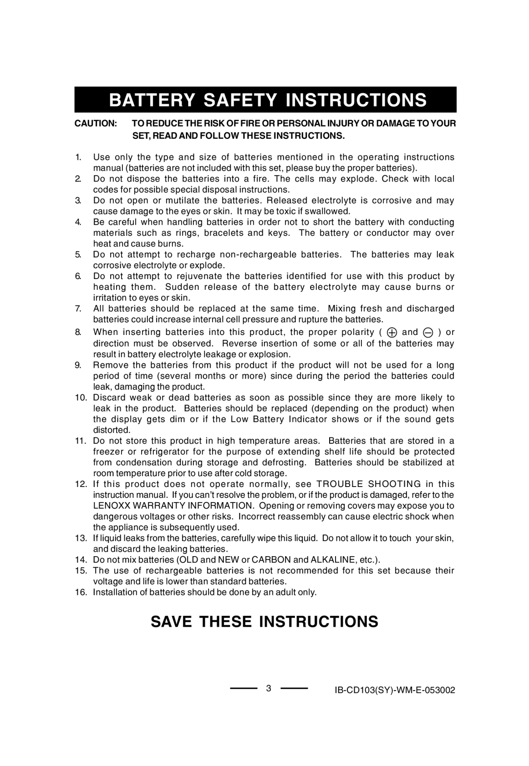 Lenoxx Electronics CD-103, BP-103 operating instructions Battery Safety Instructions 