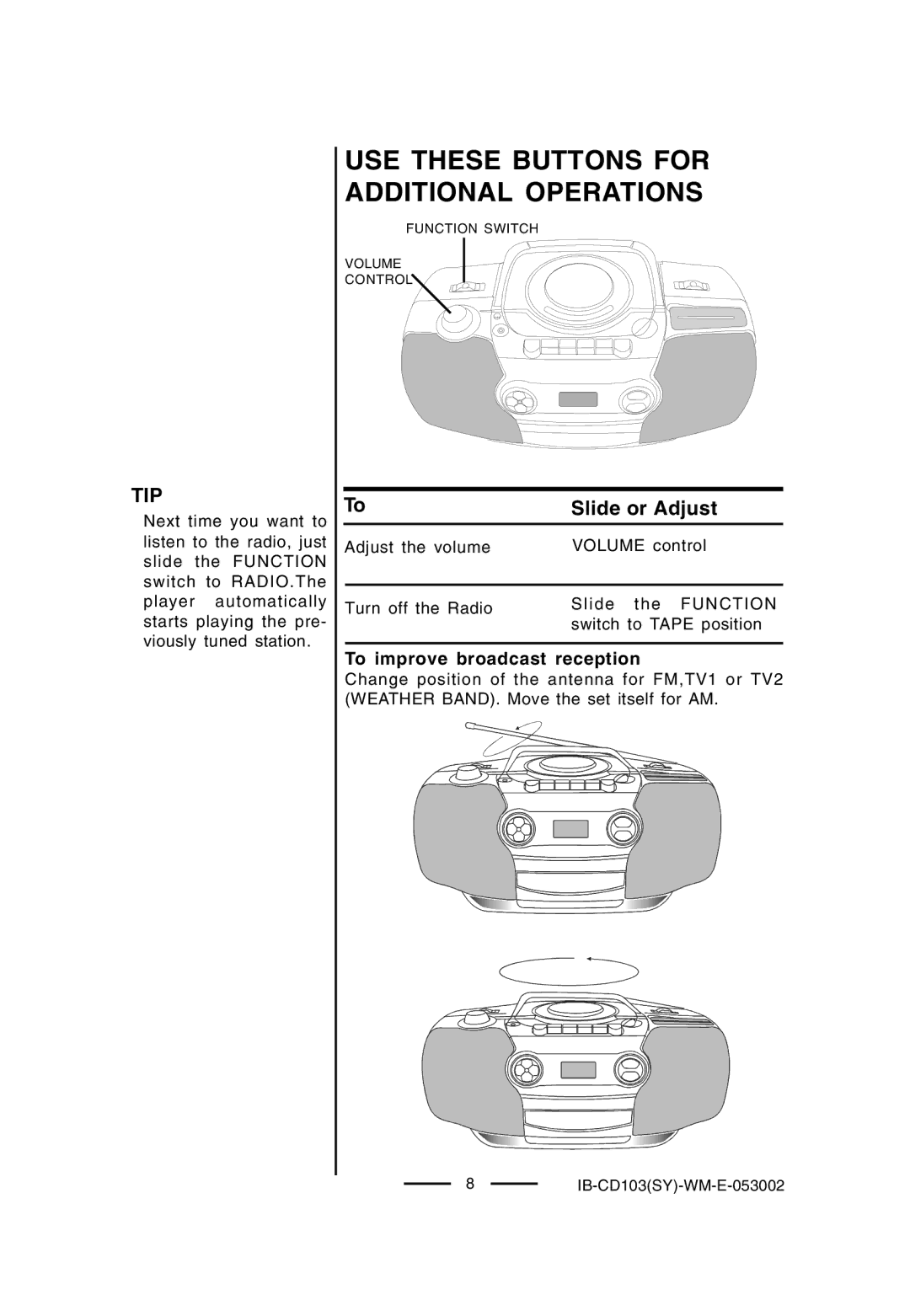 Lenoxx Electronics BP-103, CD-103 operating instructions Tip, To improve broadcast reception 