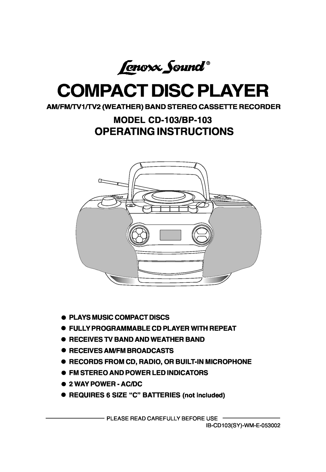 Lenoxx Electronics operating instructions Operating Instructions, MODEL CD-103/BP-103, Compact Disc Player 