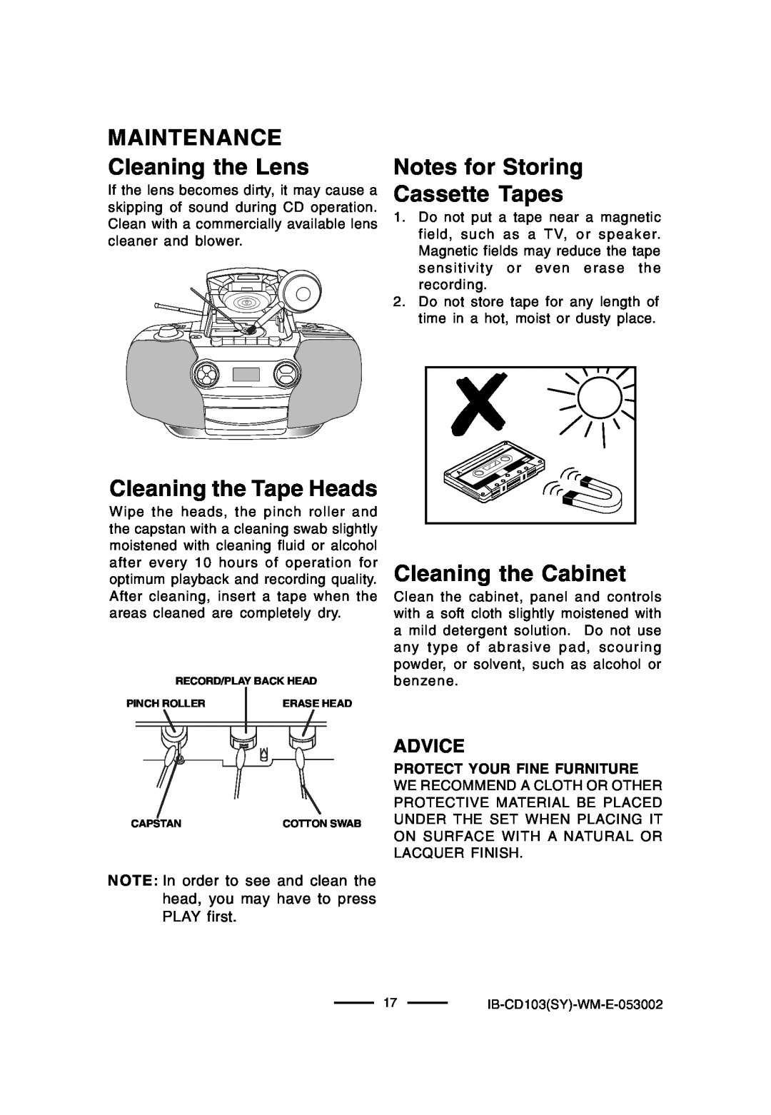 Lenoxx Electronics CD-103 MAINTENANCE Cleaning the Lens, Cleaning the Tape Heads, Notes for Storing Cassette Tapes, Advice 