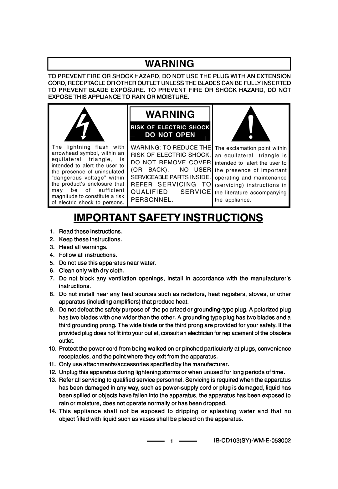 Lenoxx Electronics CD-103, BP-103 operating instructions Important Safety Instructions, Do Not Open, Risk Of Electric Shock 