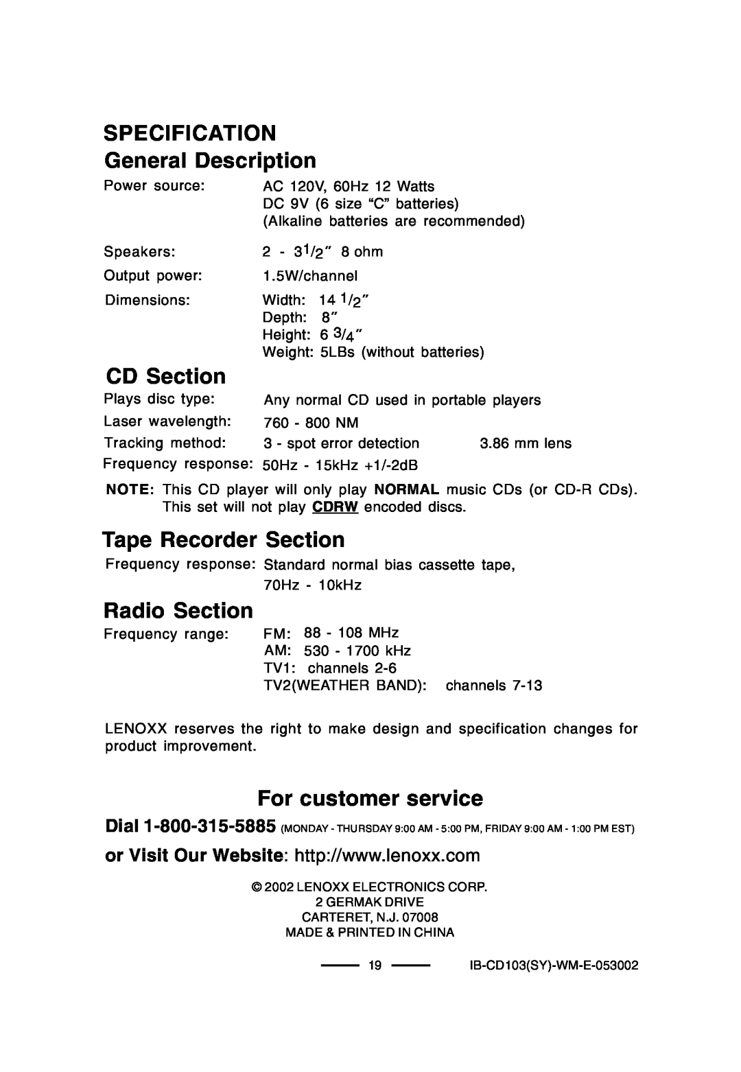 Lenoxx Electronics CD-103, BP-103 SPECIFICATION General Description, CD Section, Tape Recorder Section, Radio Section 