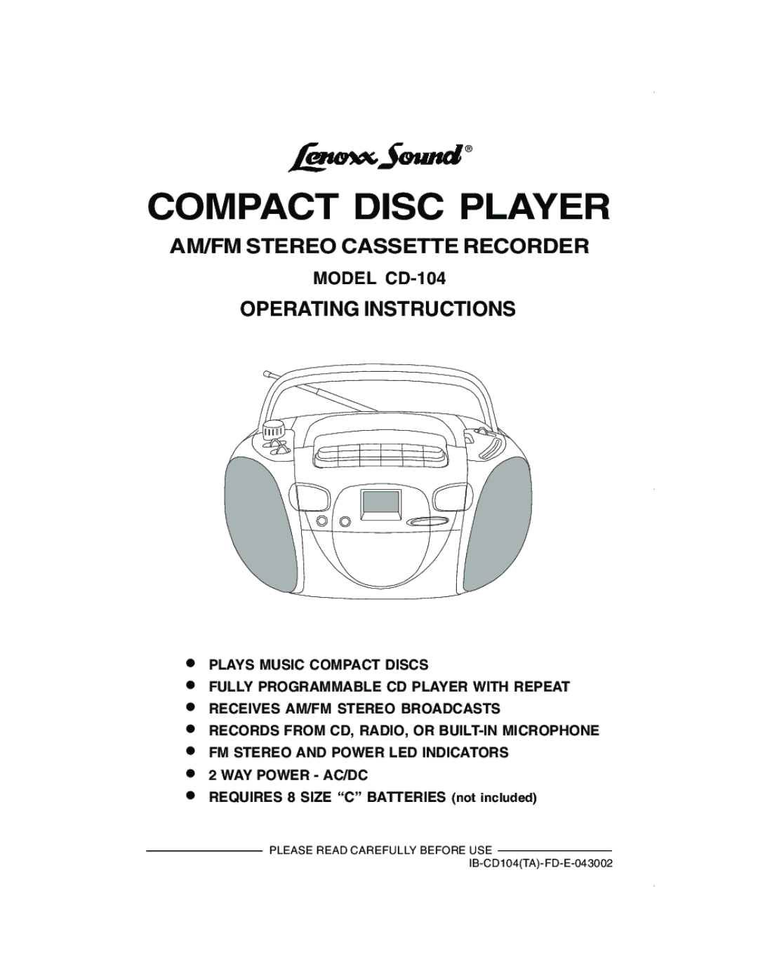 Lenoxx Electronics CD-104 manual Compact Disc Player 