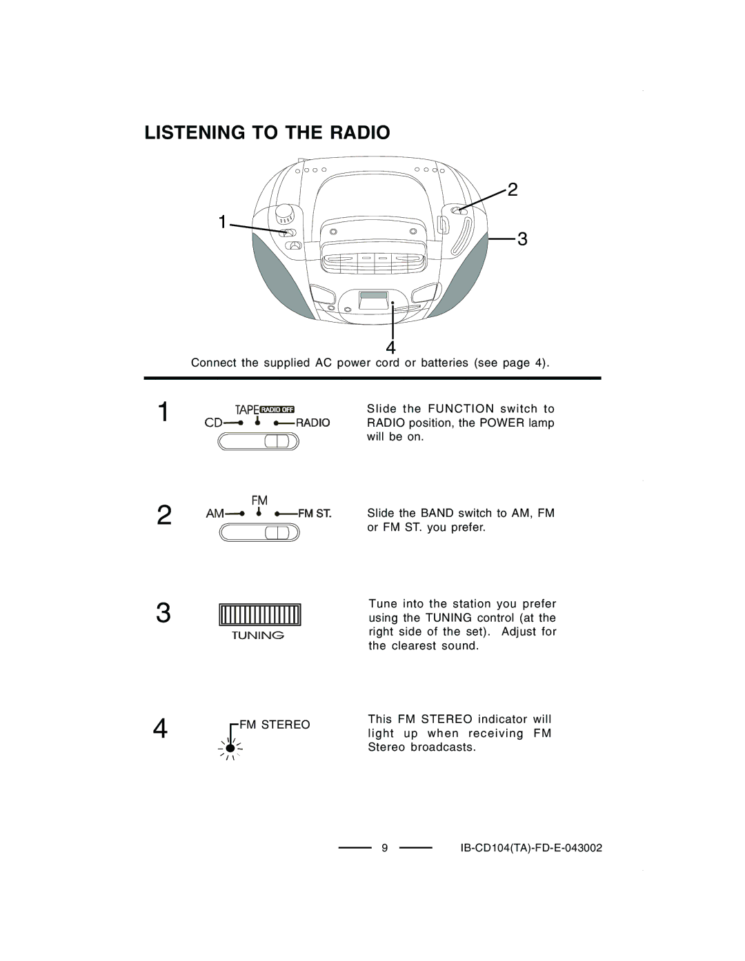 Lenoxx Electronics CD-104 manual Listening to the Radio, FM Stereo 