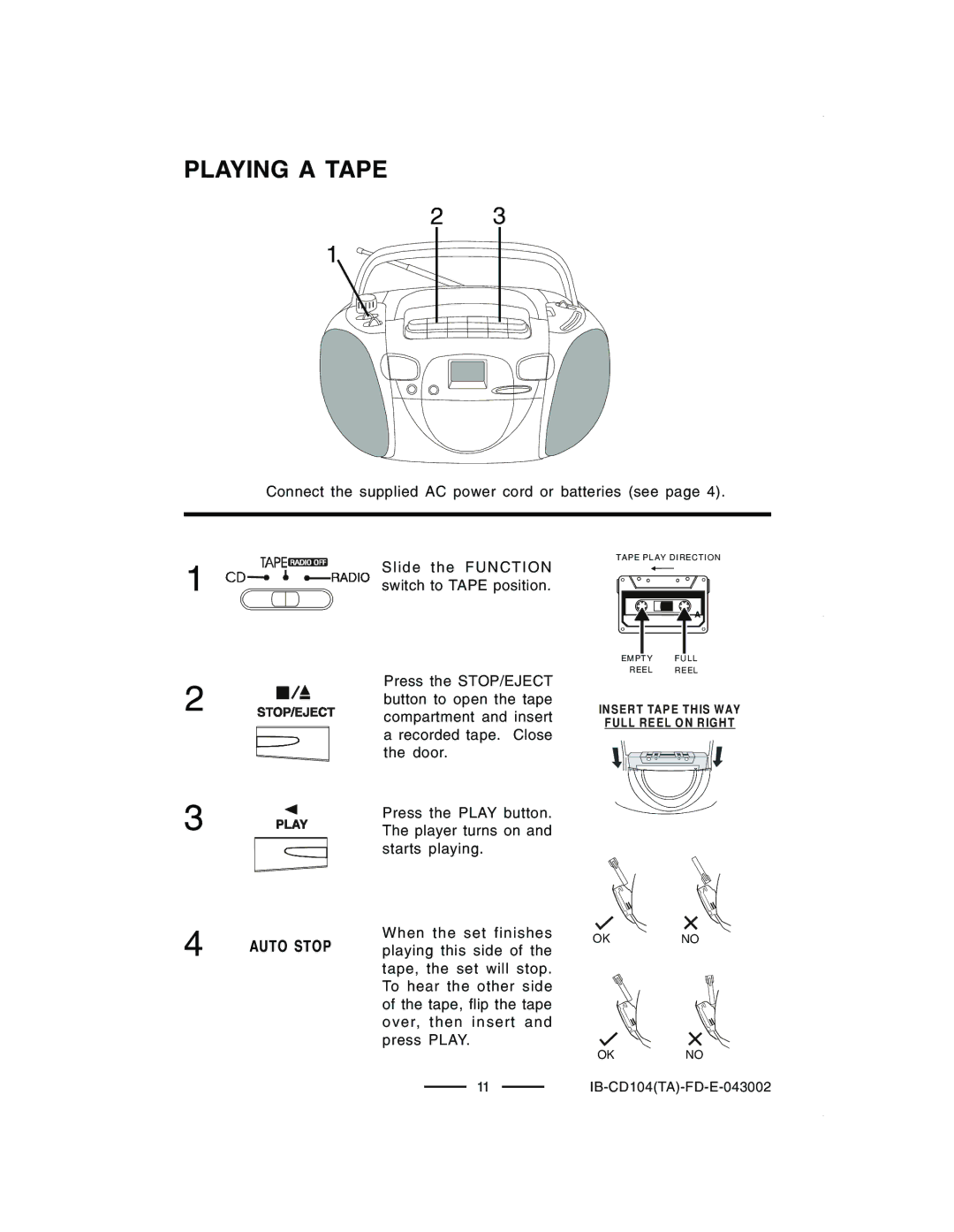 Lenoxx Electronics CD-104 manual Playing a Tape 