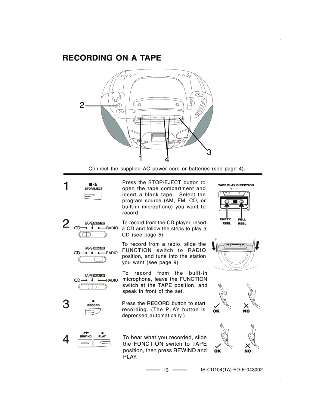 Lenoxx Electronics CD-104 manual Recording on a Tape 