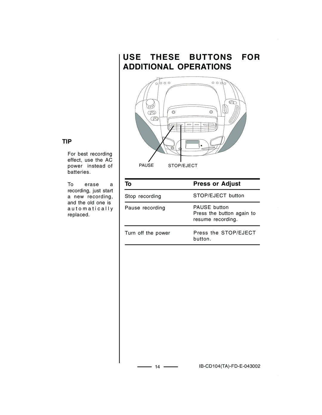 Lenoxx Electronics CD-104 manual Pause STOP/EJECT 