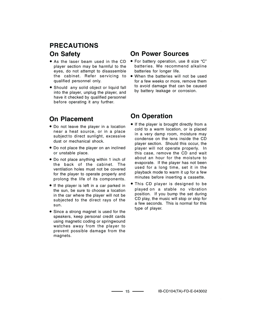 Lenoxx Electronics CD-104 manual Precautions, On Safety, On Power Sources, On Placement, On Operation 