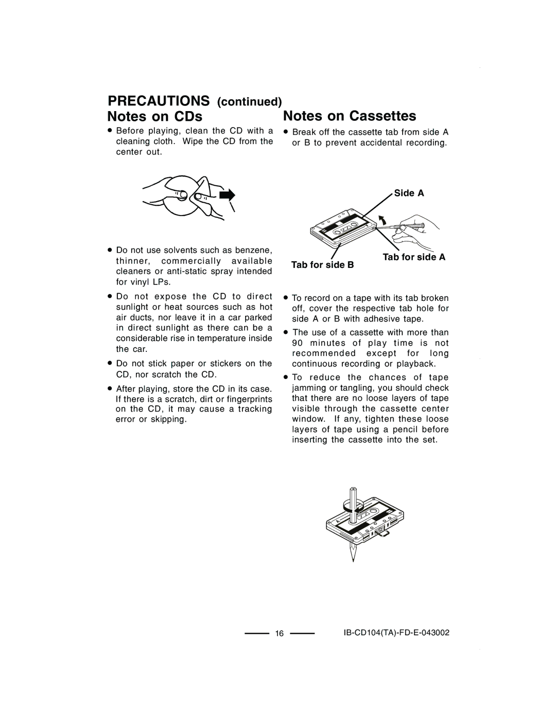 Lenoxx Electronics CD-104 manual Precautions Notes on CDs, Tab for side B Side a Tab for side a 