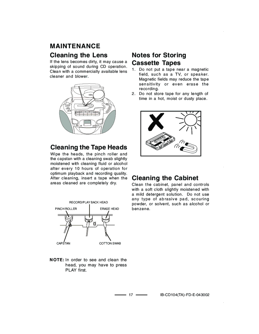 Lenoxx Electronics CD-104 Maintenance, Cleaning the Lens, Cleaning the Tape Heads, Cassette Tapes, Cleaning the Cabinet 