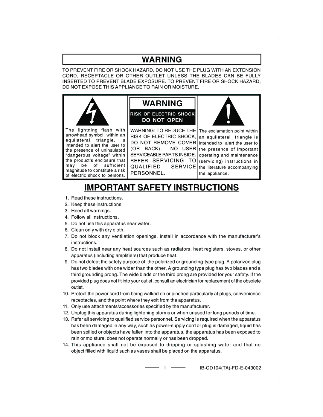 Lenoxx Electronics CD-104 manual Important Safety Instructions 