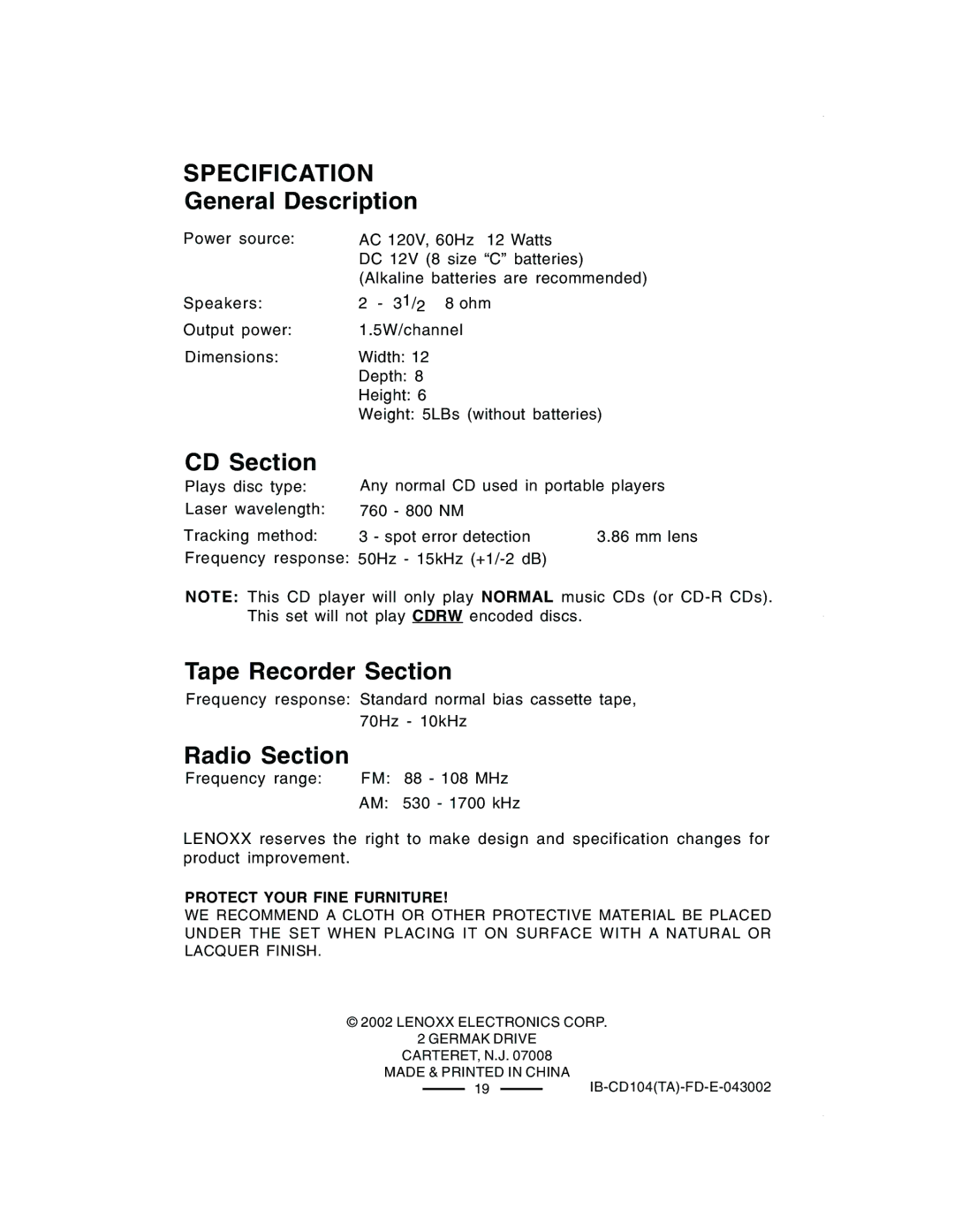 Lenoxx Electronics CD-104 manual Specification, General Description, CD Section, Tape Recorder Section, Radio Section 