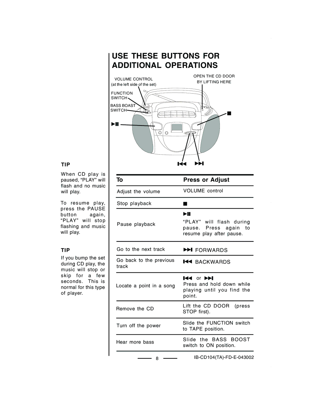 Lenoxx Electronics CD-104 manual USE These Buttons for Additional Operations, Tip 