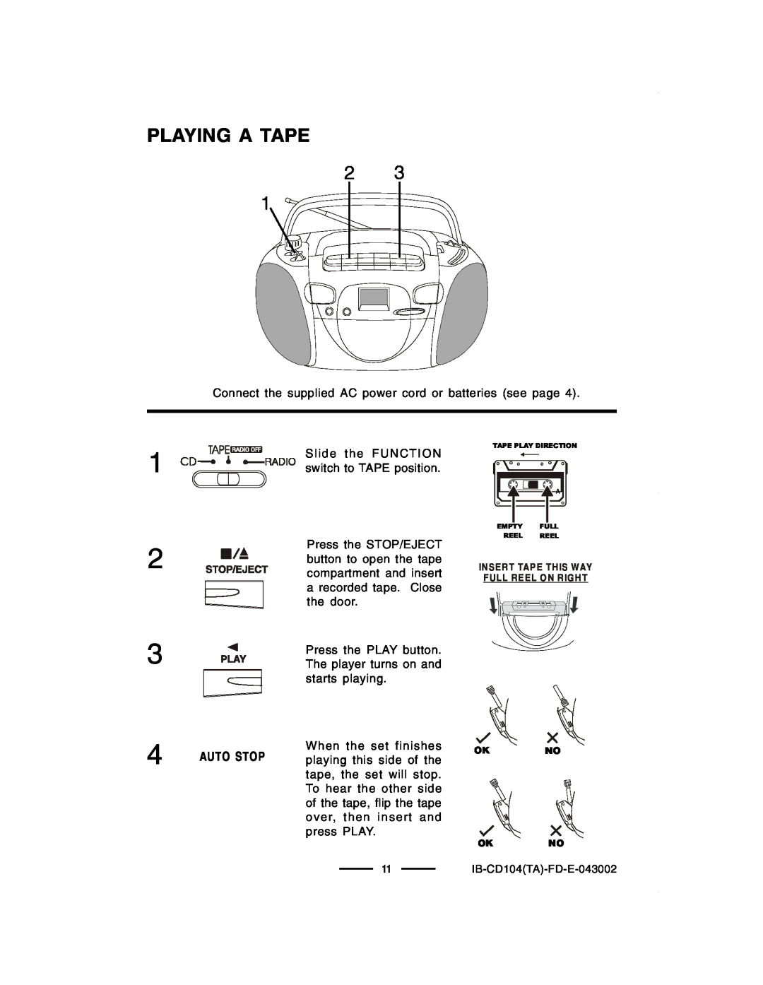 Lenoxx Electronics CD-104 manual Playing A Tape 