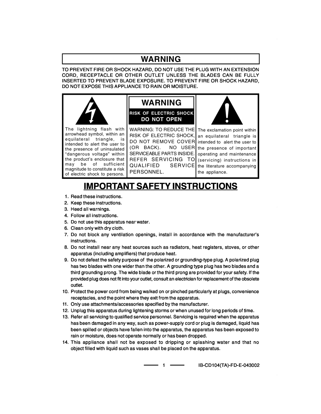 Lenoxx Electronics CD-104 manual Important Safety Instructions, Do Not Open, Risk Of Electric Shock 