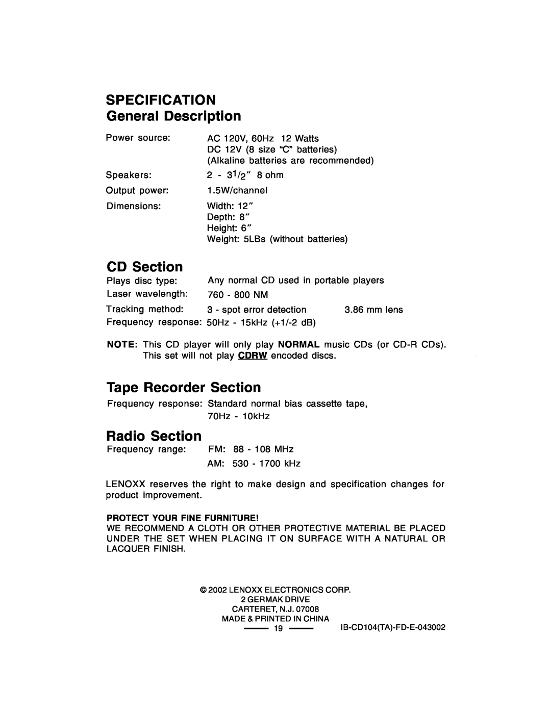 Lenoxx Electronics CD-104 manual SPECIFICATION General Description, CD Section, Tape Recorder Section, Radio Section 