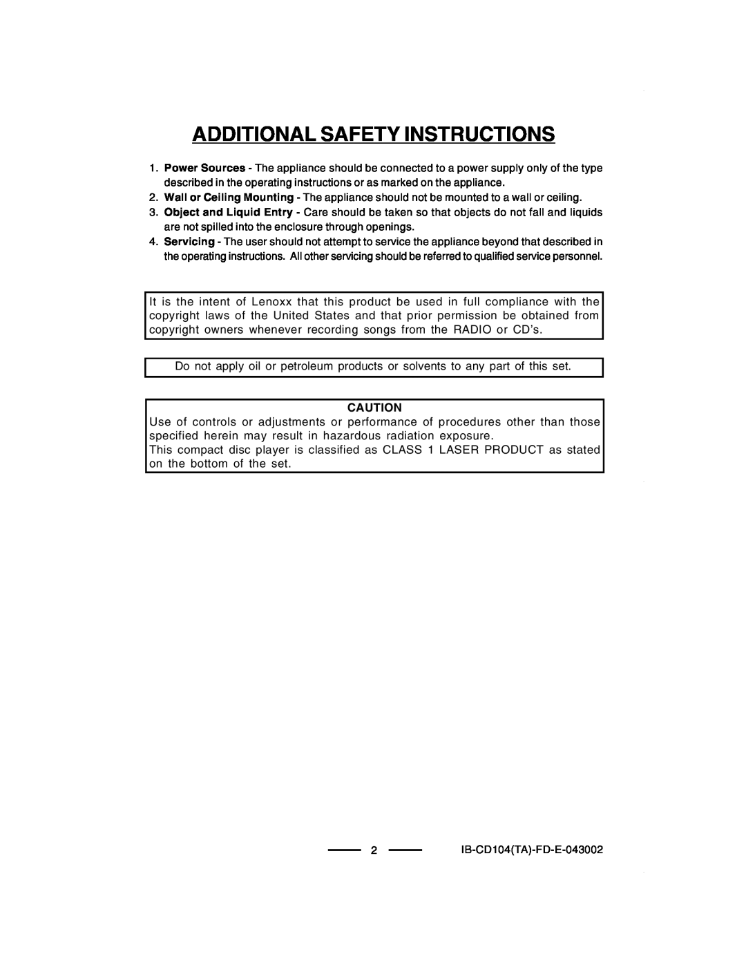 Lenoxx Electronics CD-104 manual Additional Safety Instructions 