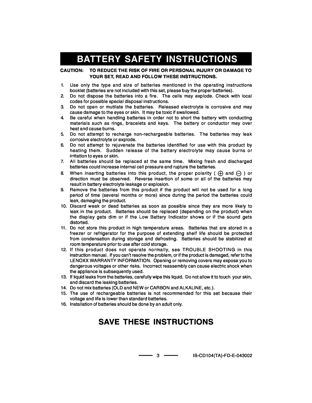 Lenoxx Electronics CD-104 manual Save These Instructions, Battery Safety Instructions 