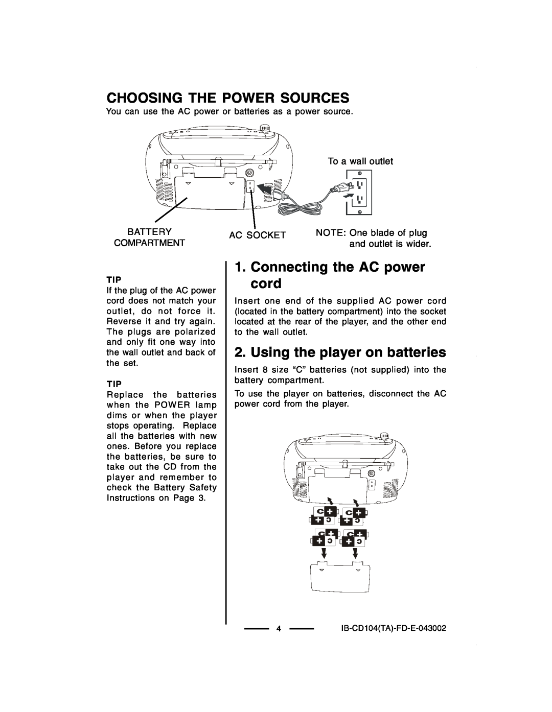 Lenoxx Electronics CD-104 Choosing The Power Sources, Connecting the AC power cord, Using the player on batteries, Battery 