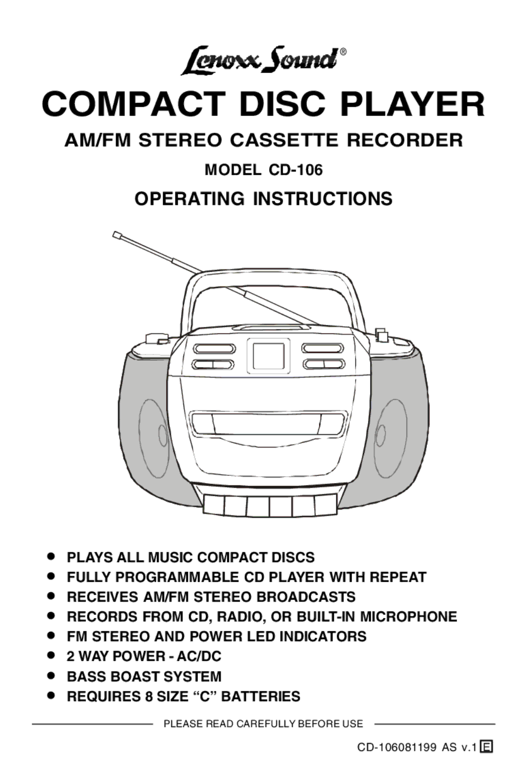 Lenoxx Electronics CD-106 manual Compact Disc Player 