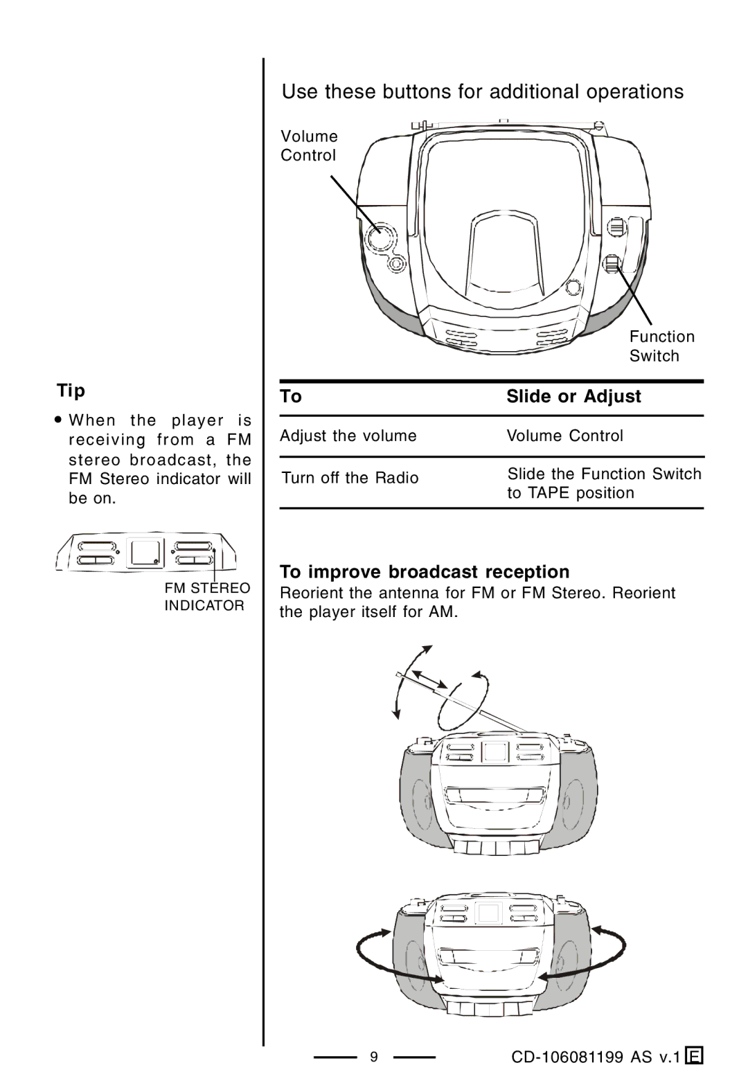 Lenoxx Electronics CD-106 manual Slide or Adjust 