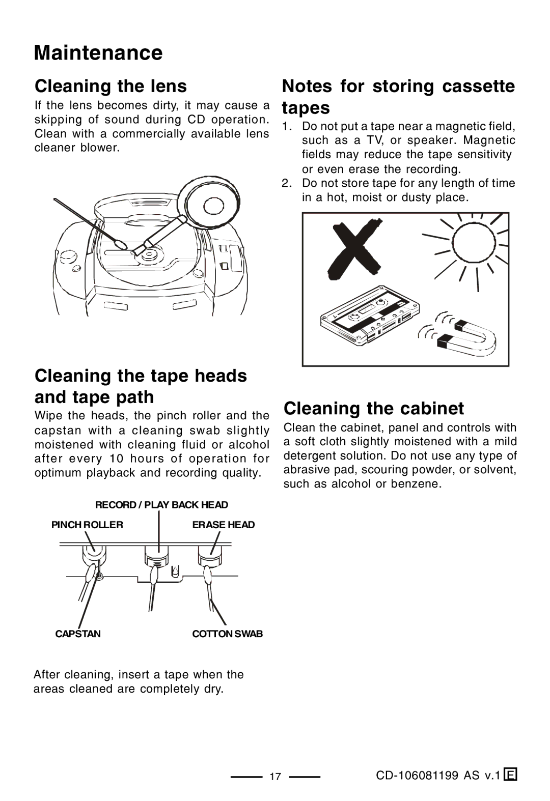 Lenoxx Electronics CD-106 Maintenance, Cleaning the lens, Cleaning the tape heads and tape path, Cleaning the cabinet 