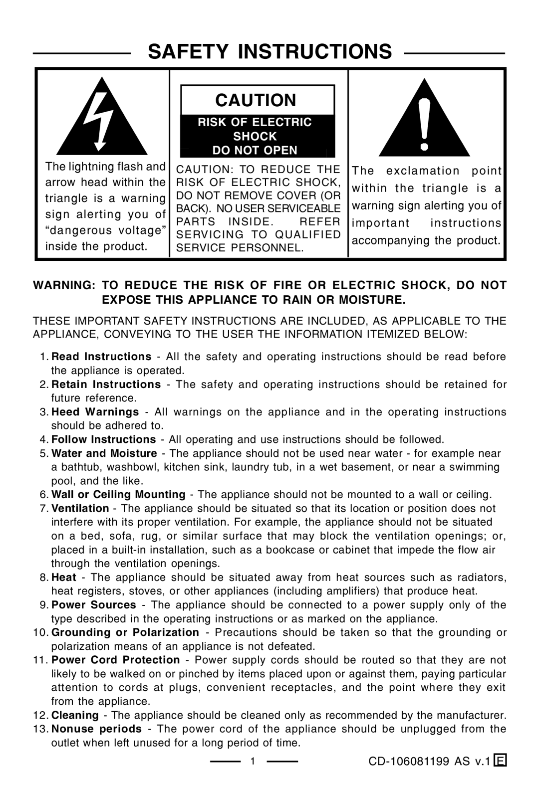 Lenoxx Electronics CD-106 manual Safety Instructions 