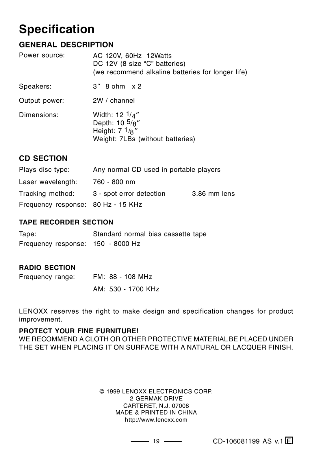 Lenoxx Electronics CD-106 manual Specification, General Description 