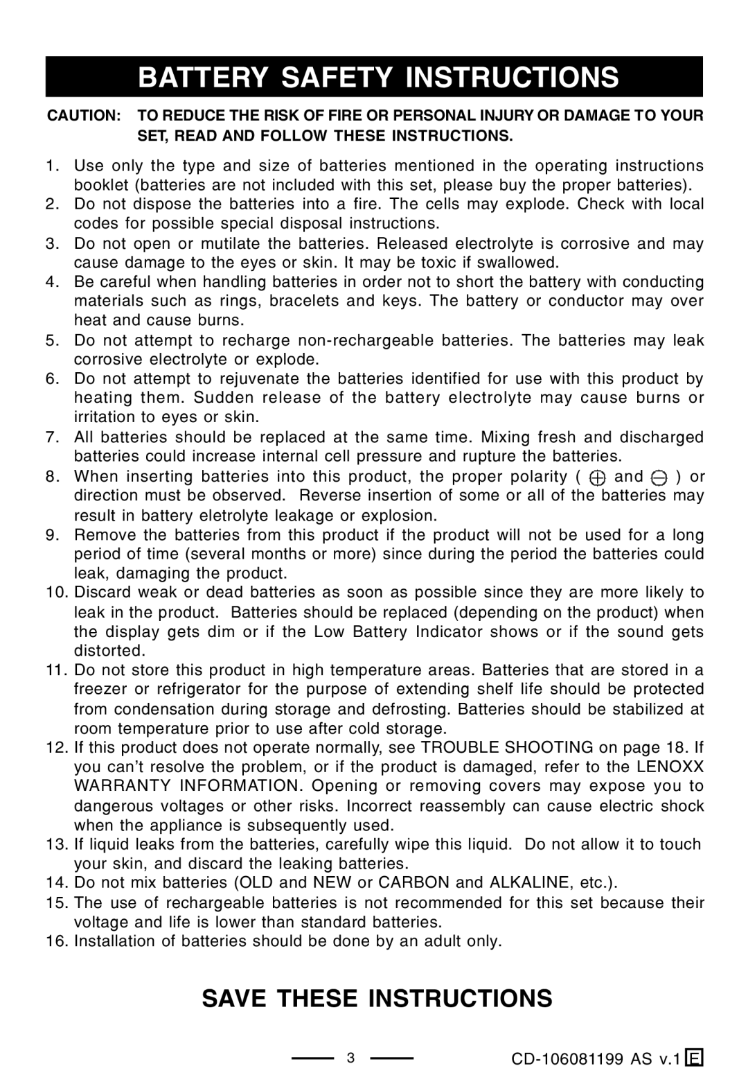 Lenoxx Electronics CD-106 manual Battery Safety Instructions 