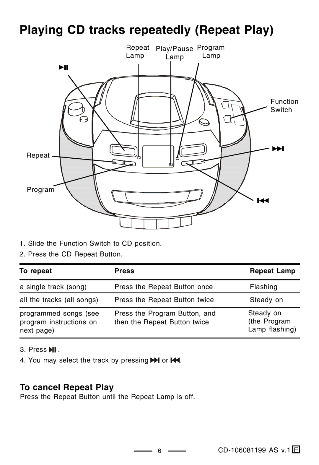 Lenoxx Electronics CD-106 manual Playing CD tracks repeatedly Repeat Play 