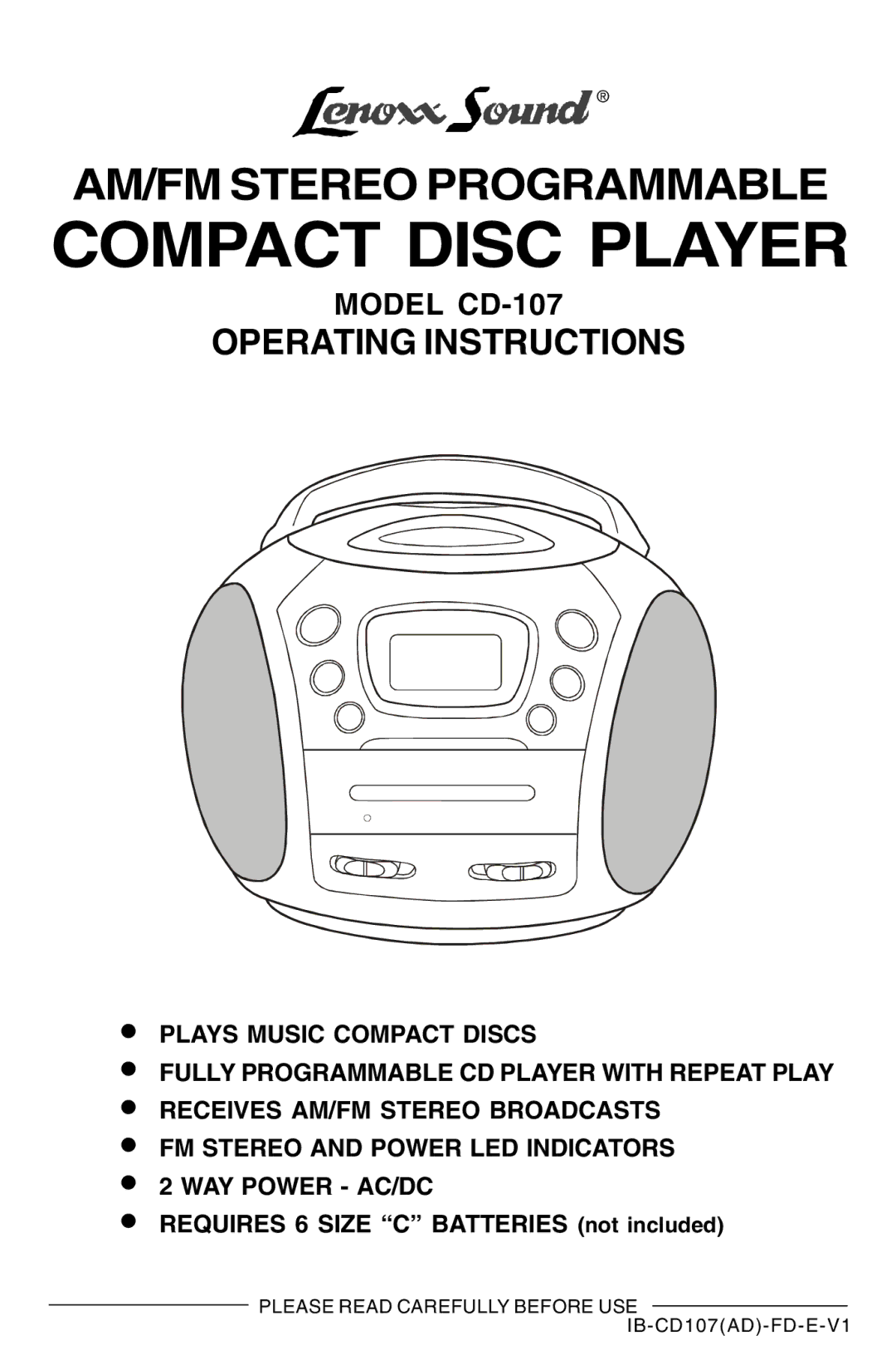 Lenoxx Electronics CD-107 manual Compact Disc Player 