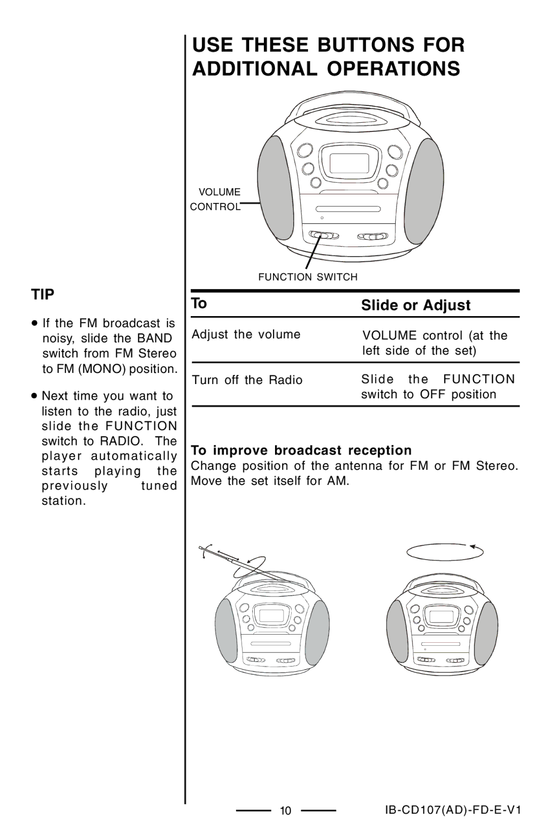 Lenoxx Electronics CD-107 manual Tip, To improve broadcast reception 