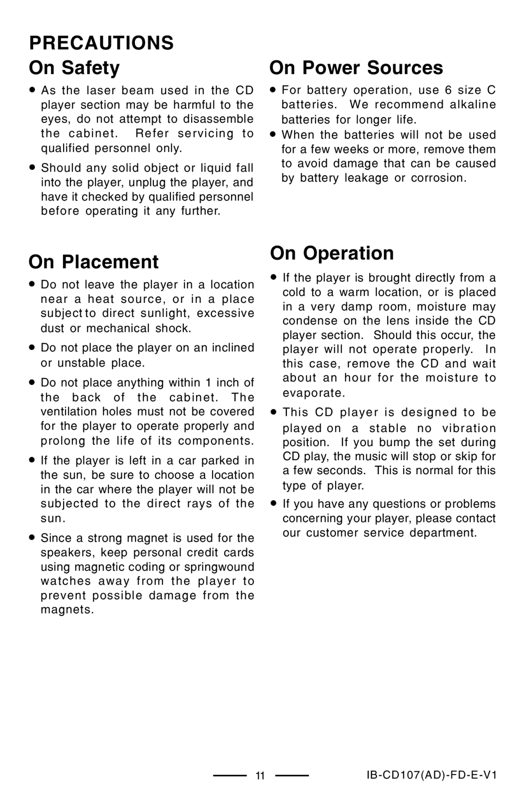 Lenoxx Electronics CD-107 manual Precautions, On Safety, On Power Sources, On Placement, On Operation 