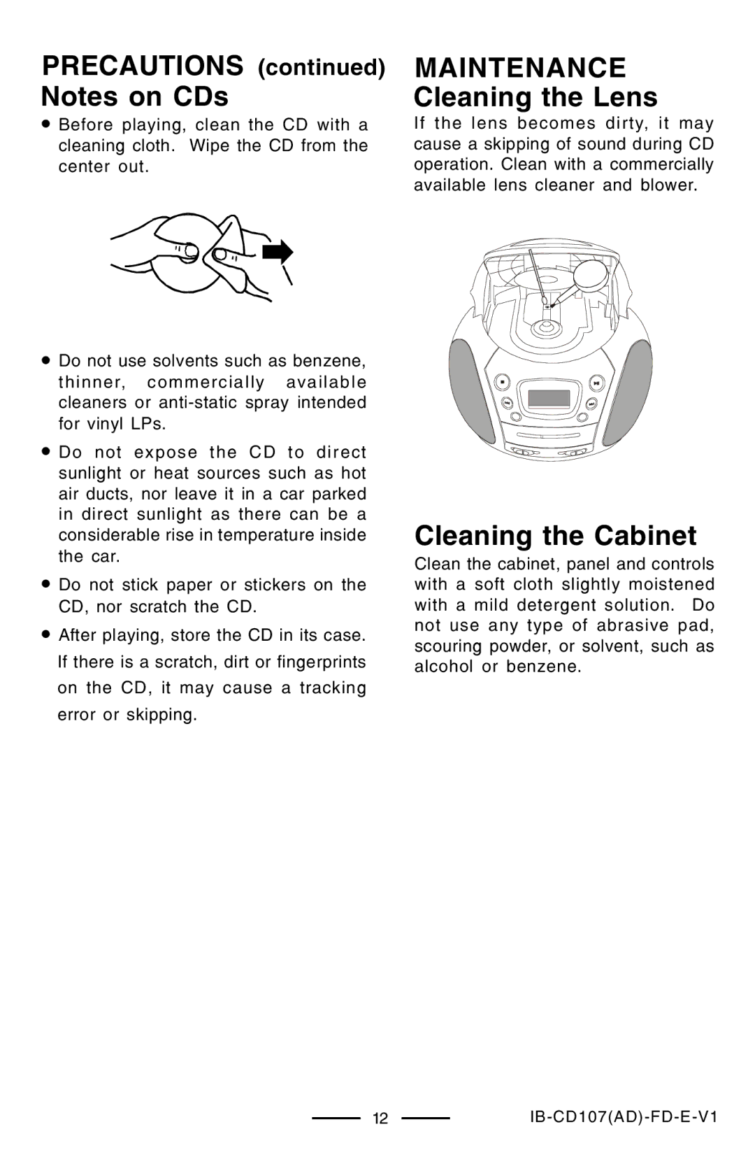 Lenoxx Electronics CD-107 manual Precautions Notes on CDs, Maintenance Cleaning the Lens, Cleaning the Cabinet 