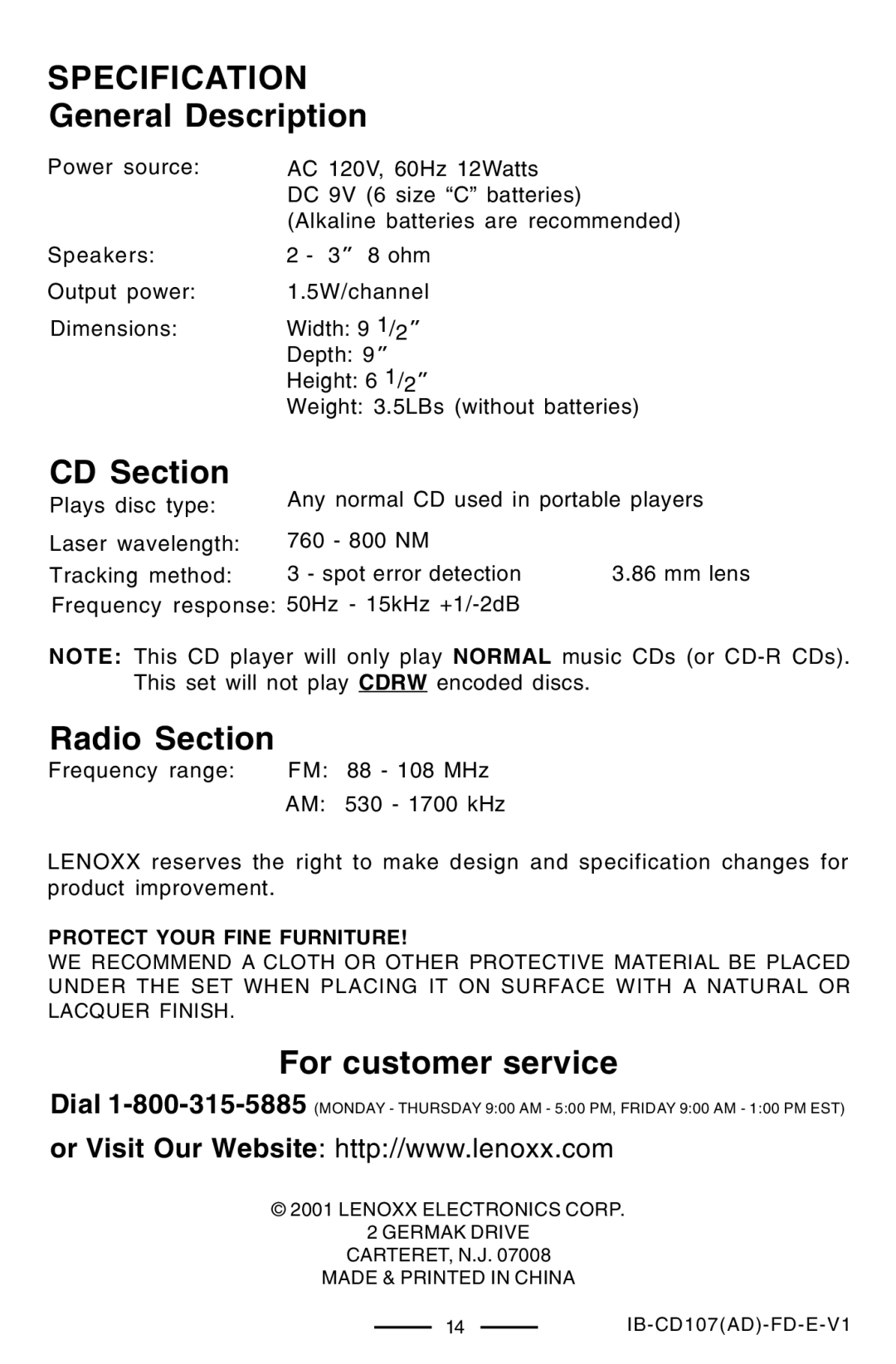 Lenoxx Electronics CD-107 manual Specification, General Description, CD Section, Radio Section, For customer service 