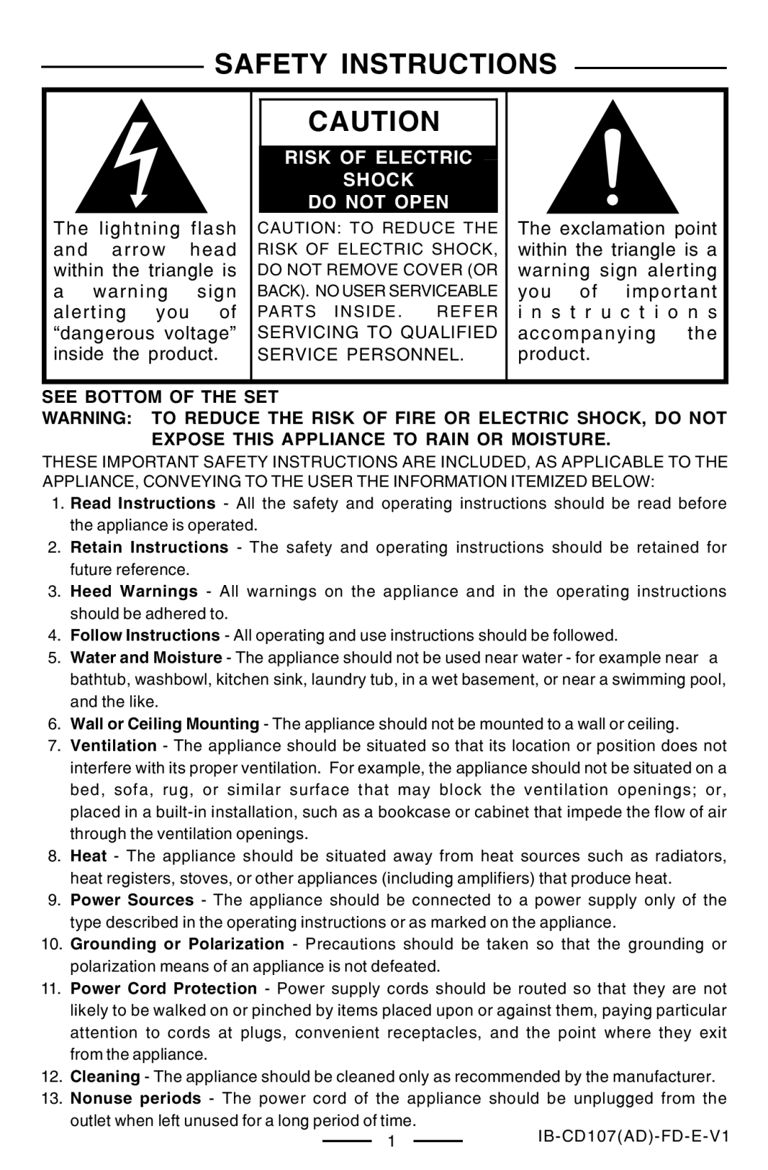 Lenoxx Electronics CD-107 manual Safety Instructions, Risk of Electric Shock Do not Open 