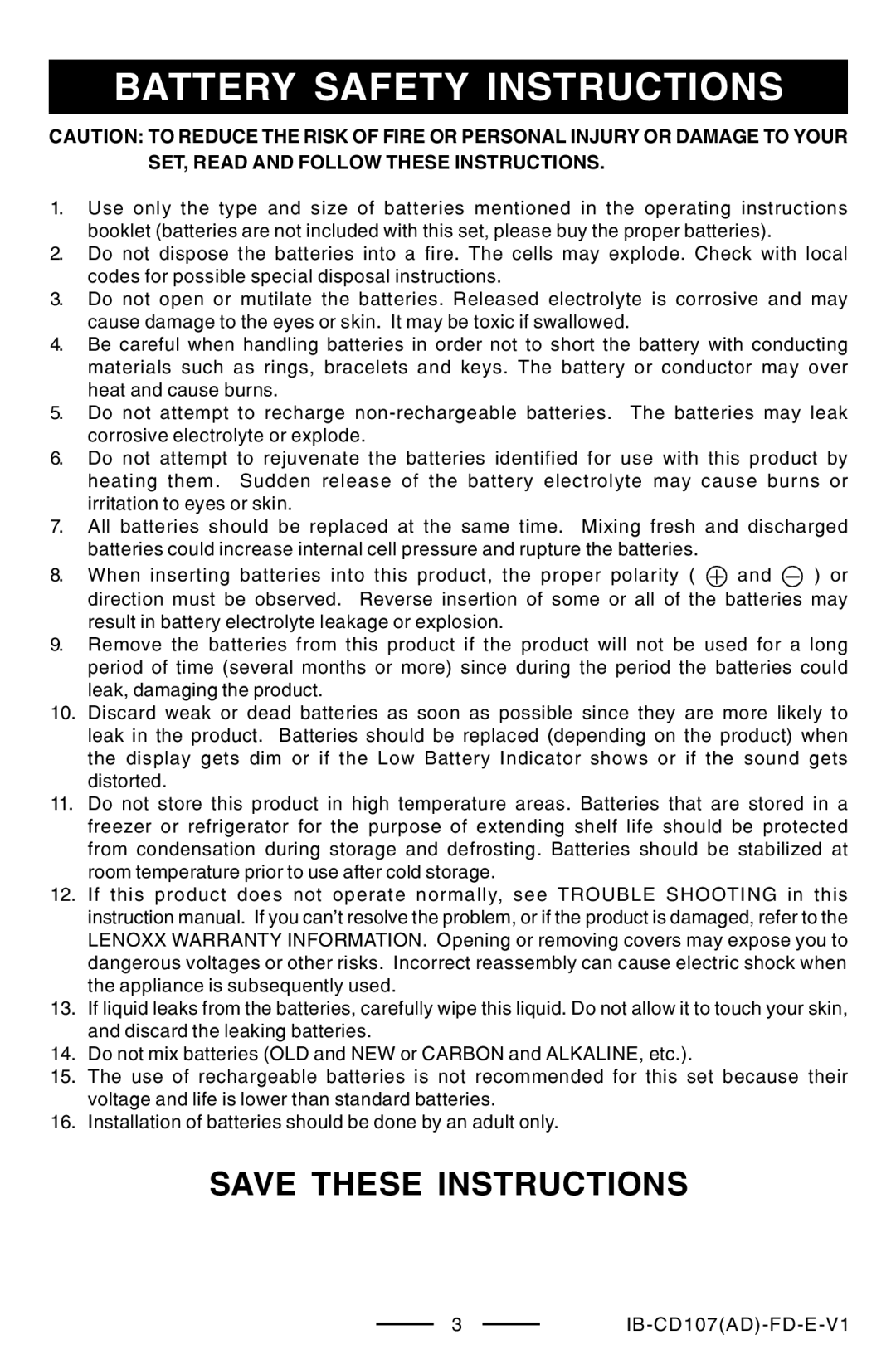 Lenoxx Electronics CD-107 manual Battery Safety Instructions 