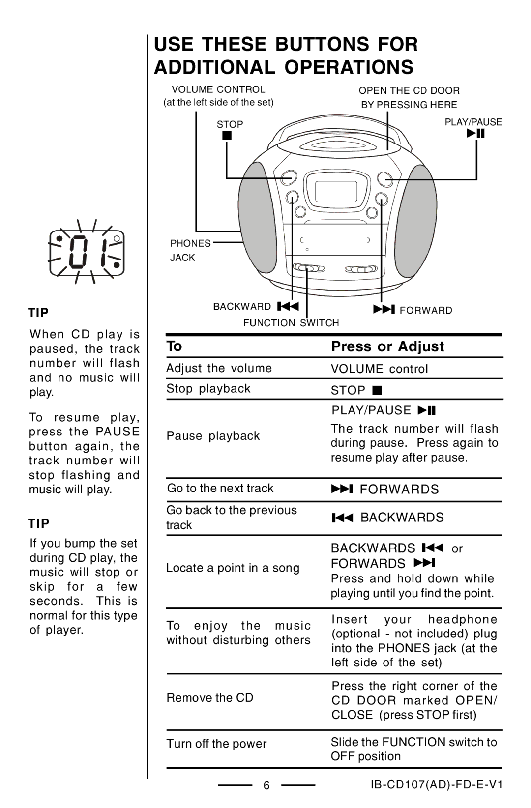 Lenoxx Electronics CD-107 manual USE These Buttons for Additional Operations, Tip, Forwards, Backwards 