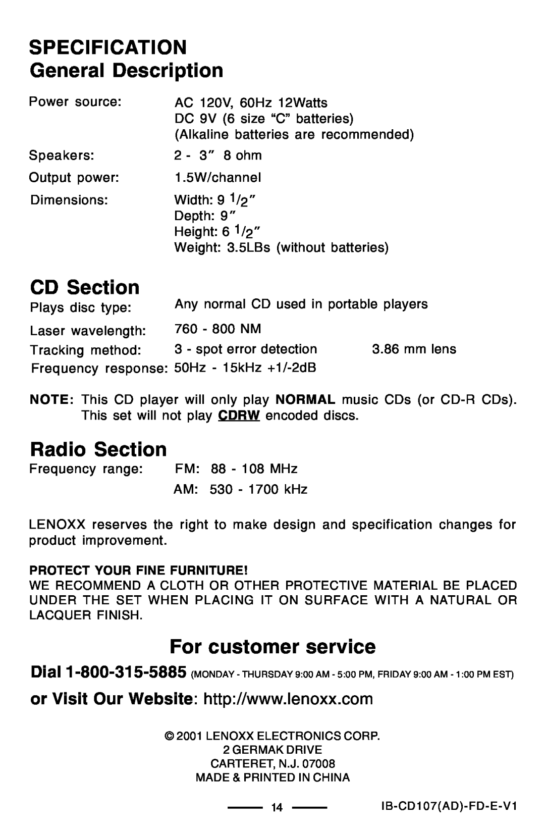 Lenoxx Electronics CD-107 manual SPECIFICATION General Description, CD Section, Radio Section, For customer service 