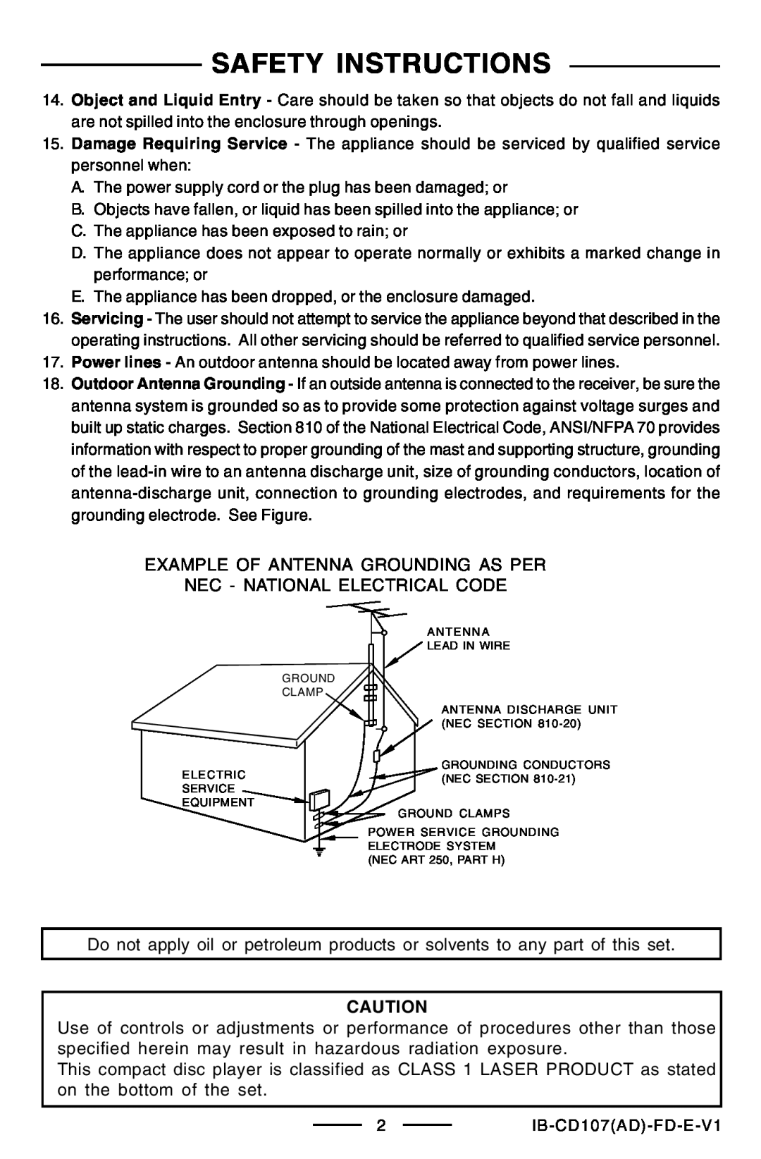 Lenoxx Electronics CD-107 manual Safety Instructions, Example Of Antenna Grounding As Per Nec - National Electrical Code 