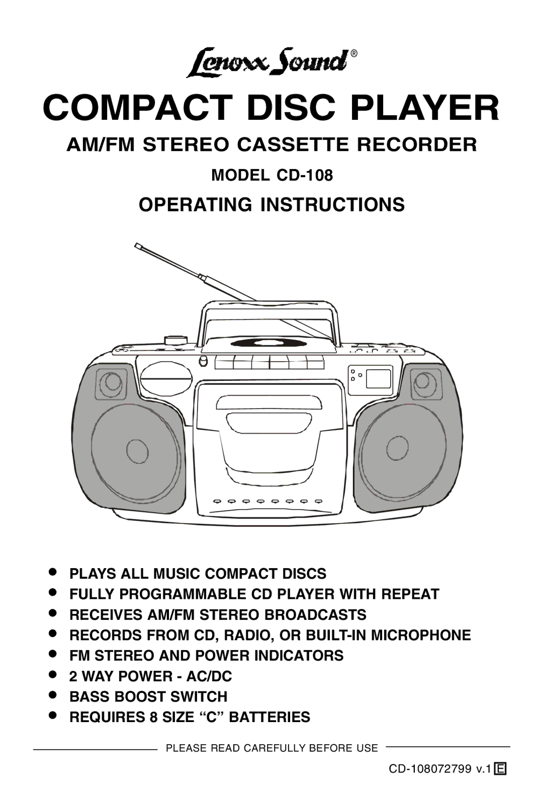 Lenoxx Electronics CD-108 operating instructions Compact Disc Player 