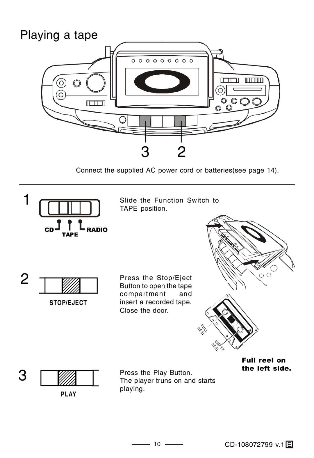 Lenoxx Electronics CD-108 operating instructions Playing a tape, STOP/EJECT Play 